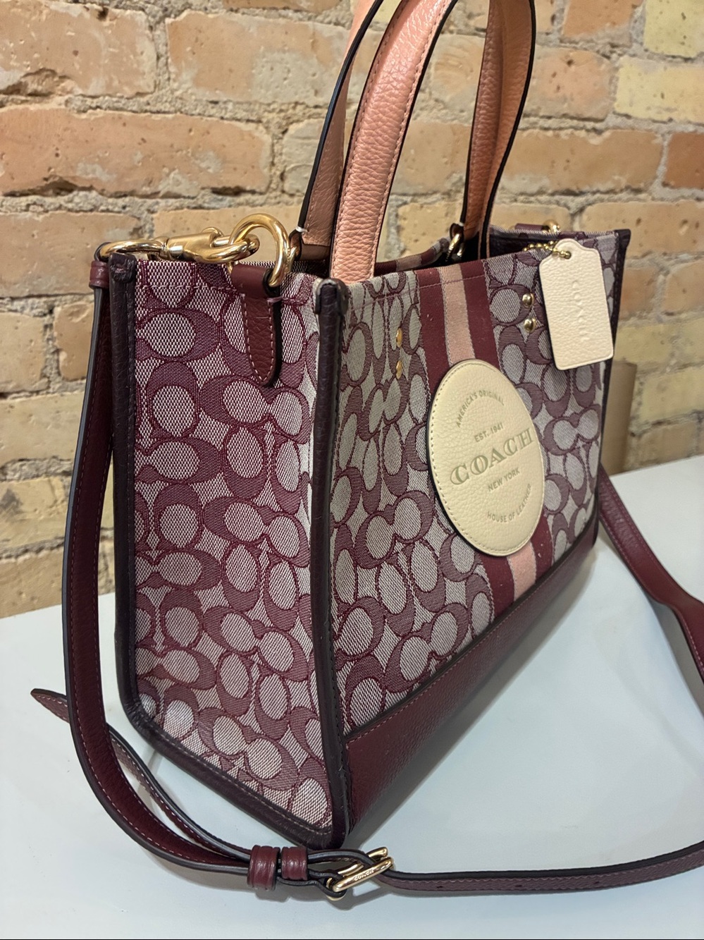 Coach C8448 Dempsey Burgundy and Cream Signature Stripe Satchel - Picture 2 of 8